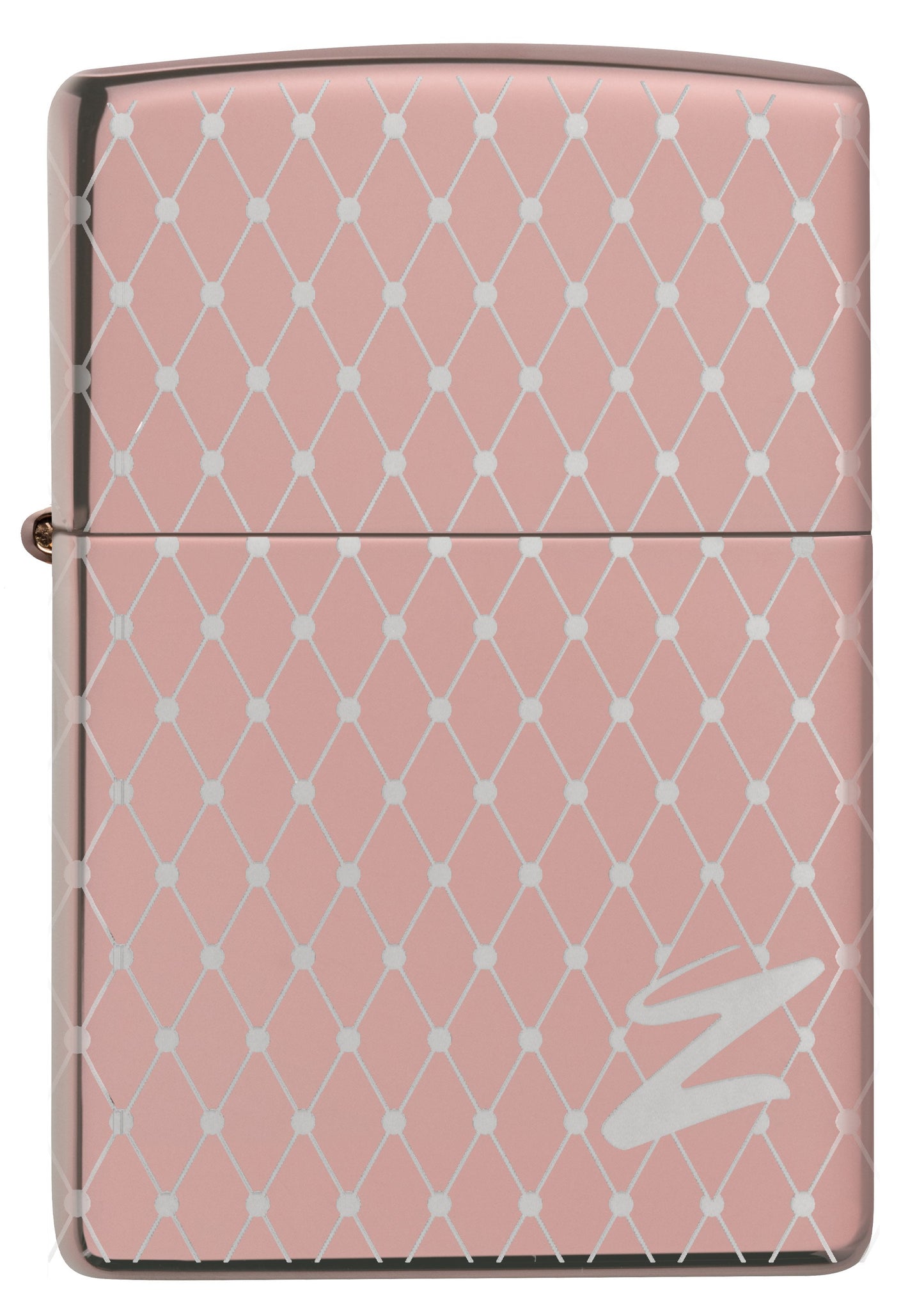 Vooraanzicht Zippo Aansteker 360 graden lasergravure Rose Goud Mesh ontwerp met Zippo Logo Alleen online