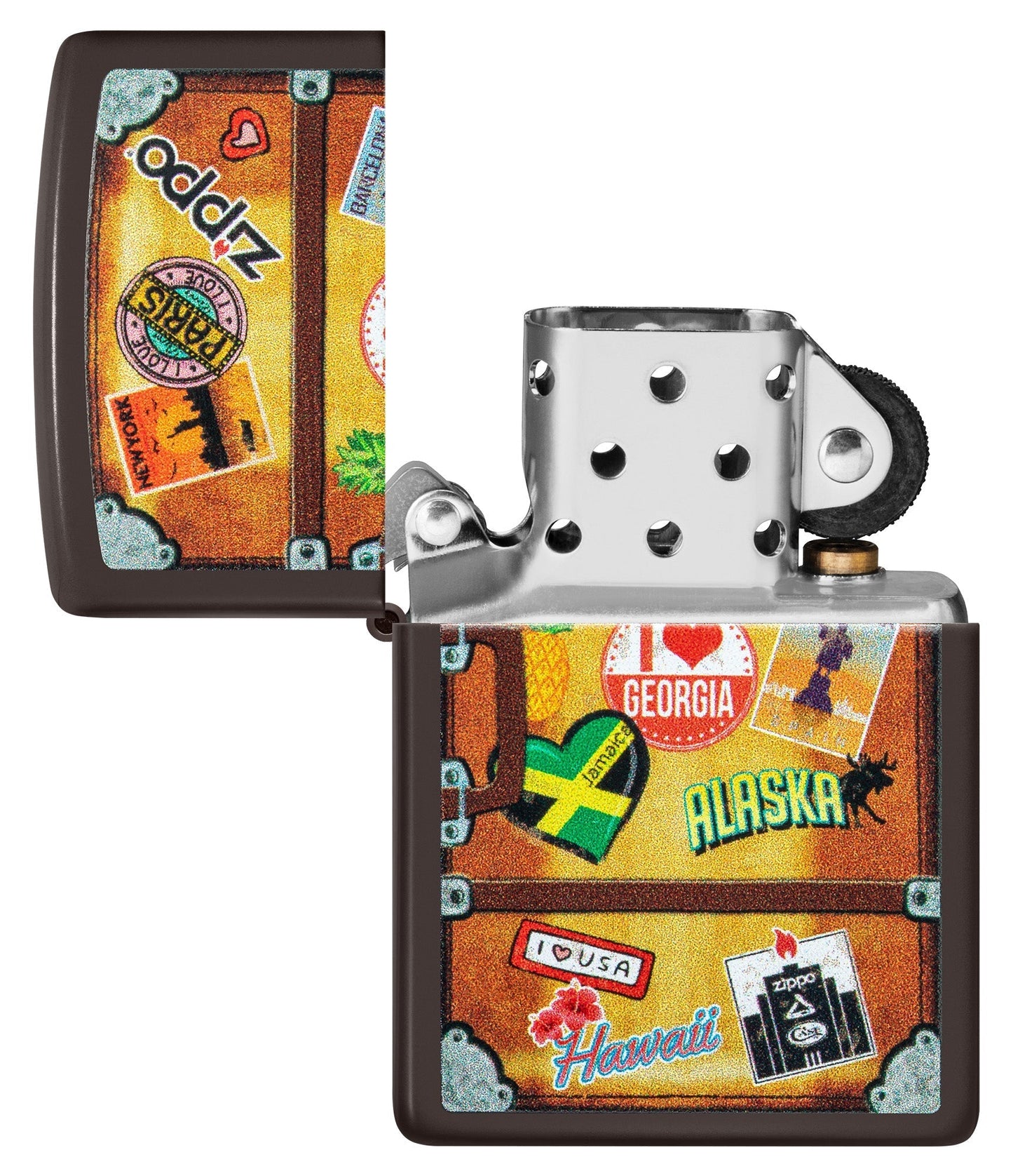 Zippo aansteker vooraanzicht bruin, die een etui opende met verschillende stadsstickers, zoals Parijs, Hawaï, Barcelona, New York zonder vlam