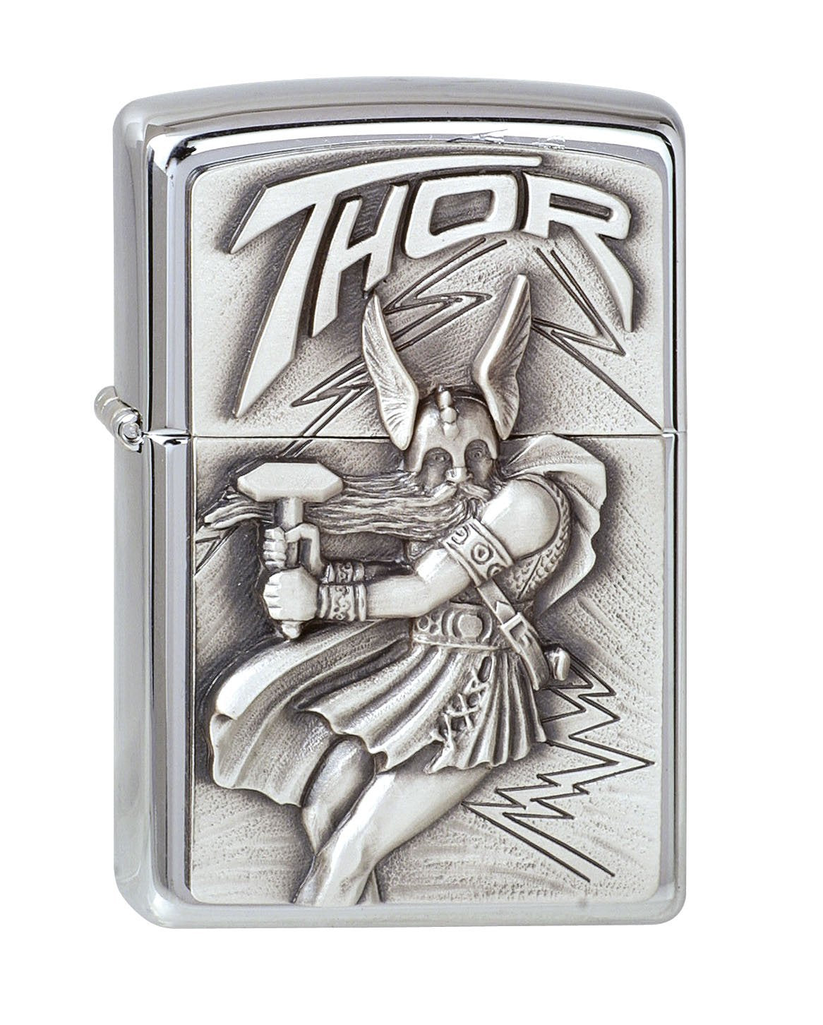 Vooraanzicht Zippo aansteker Thor met hamer embleem