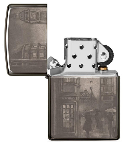 Zippo Aansteker Zwart IJs met Big Ben in Londen 360 Graden Foto Afbeeldingsontwerp Geopend zonder Vlam