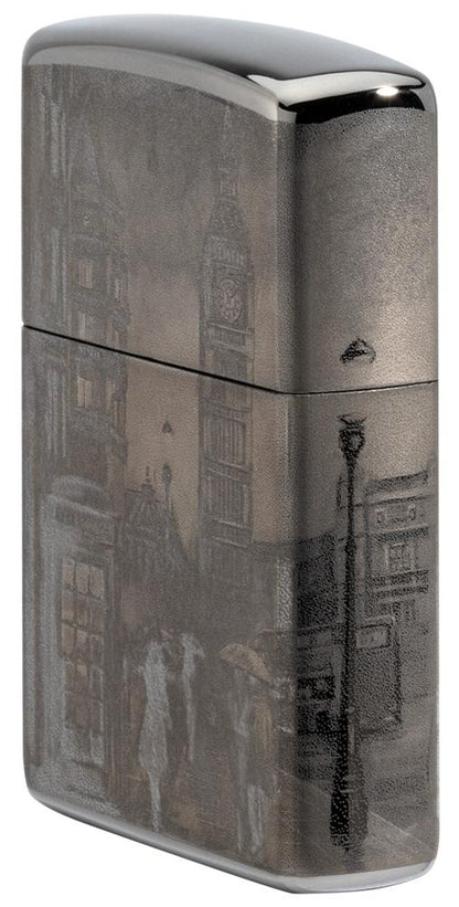 Zijaanzicht voorzijde Zippo aansteker zwart ijs met Big Ben in Londen 360 graden foto beeldontwerp