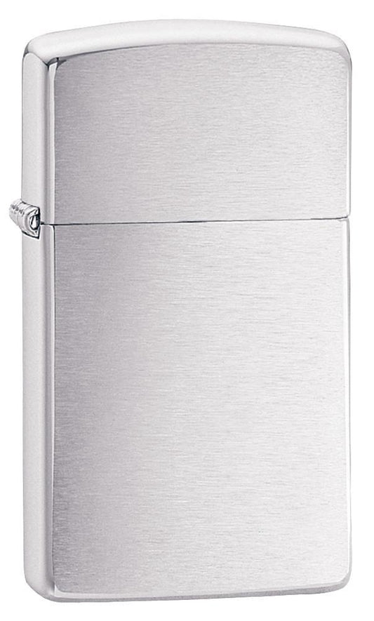 Vooraanzicht 3/4 hoek Zippo Aansteker Slim Chrome Brushed basismodel