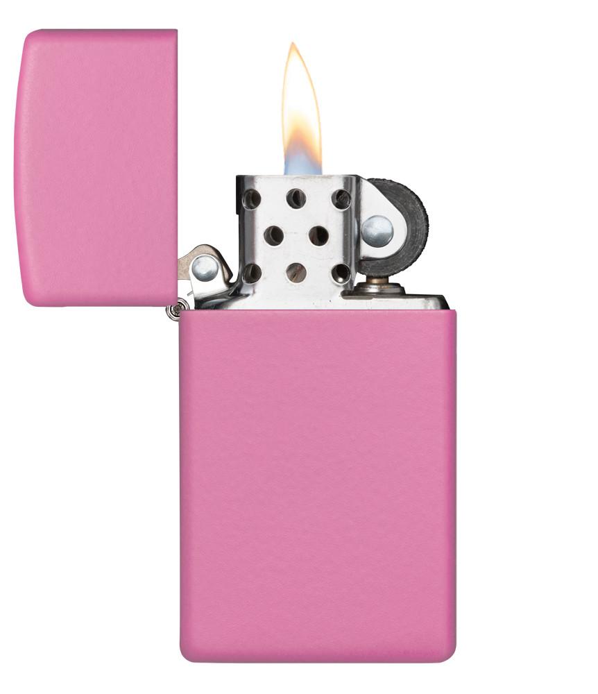 Zippo-aansteker Slim Pink Matt open met vlam