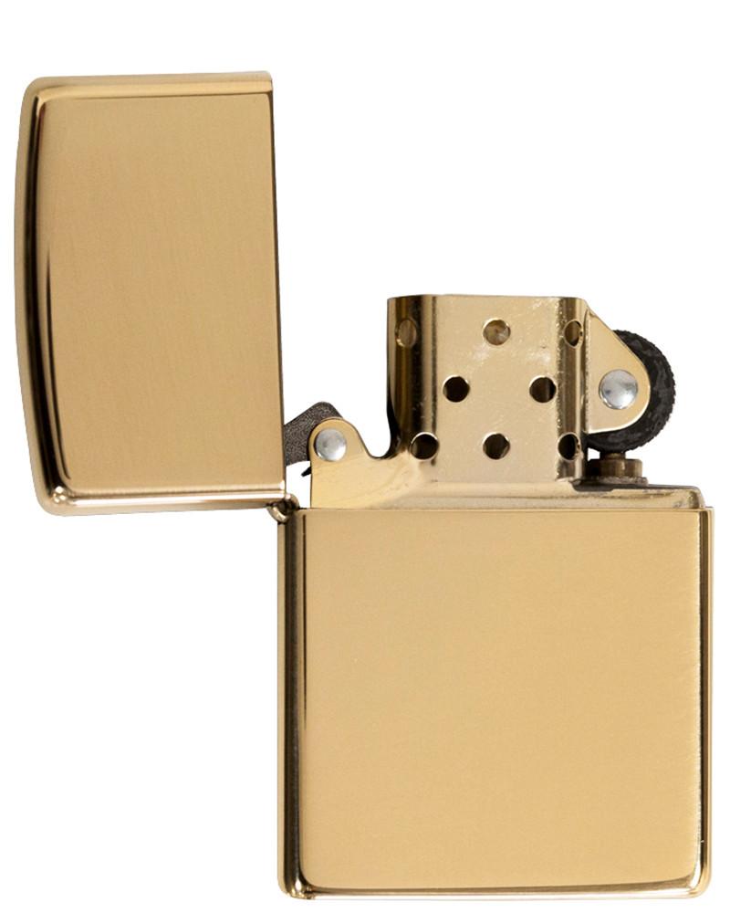 Vooraanzicht 3/4 hoek Zippo Aansteker Armor High Polish Brass Basis Modell geopend