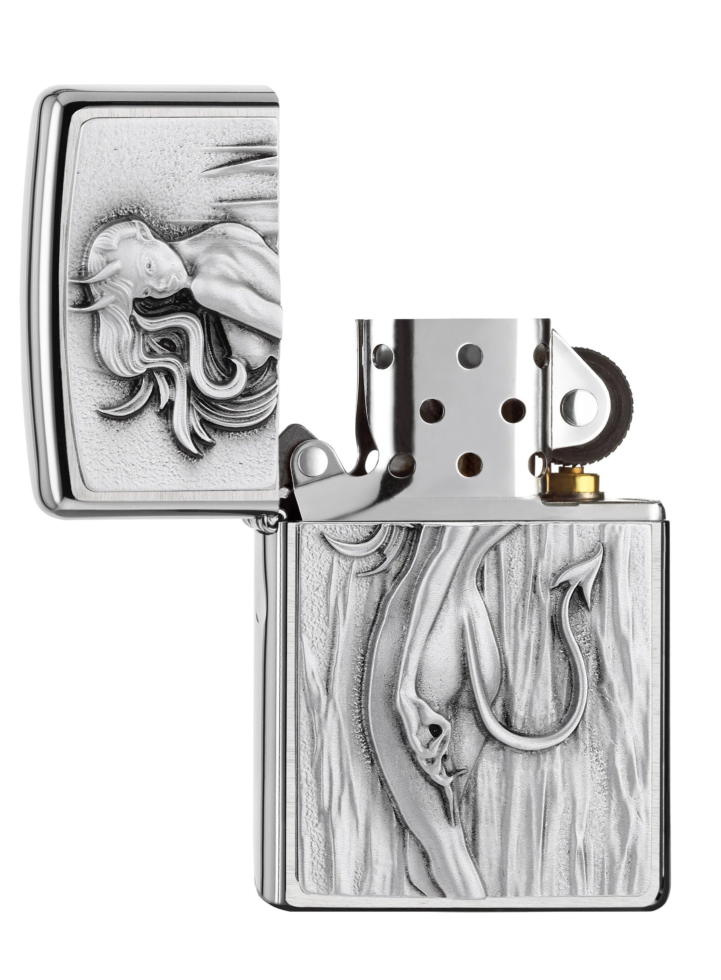 Zippo Aansteker Geborsteld Chroom Gedurfde Duivelse Vrouw Met Lang Haar Online Alleen Geopend Zonder Vlam