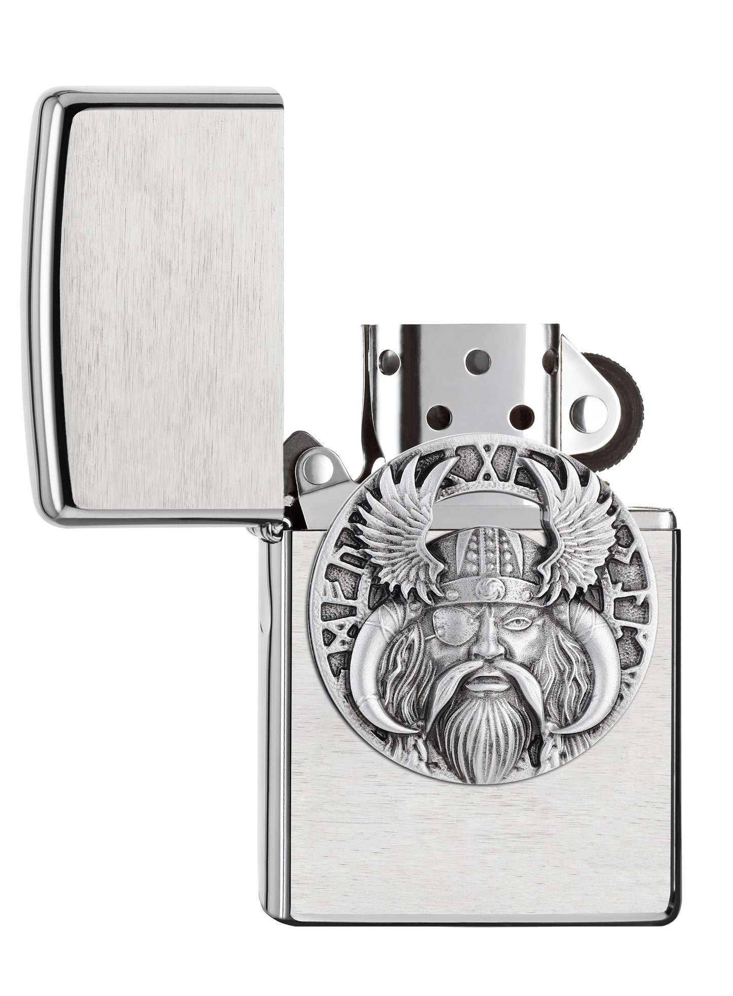 Zippo Aansteker Chroom Geborsteld Odin Viking met Stierenhoorn Helm en Ooglapje Geopend zonder Vlam