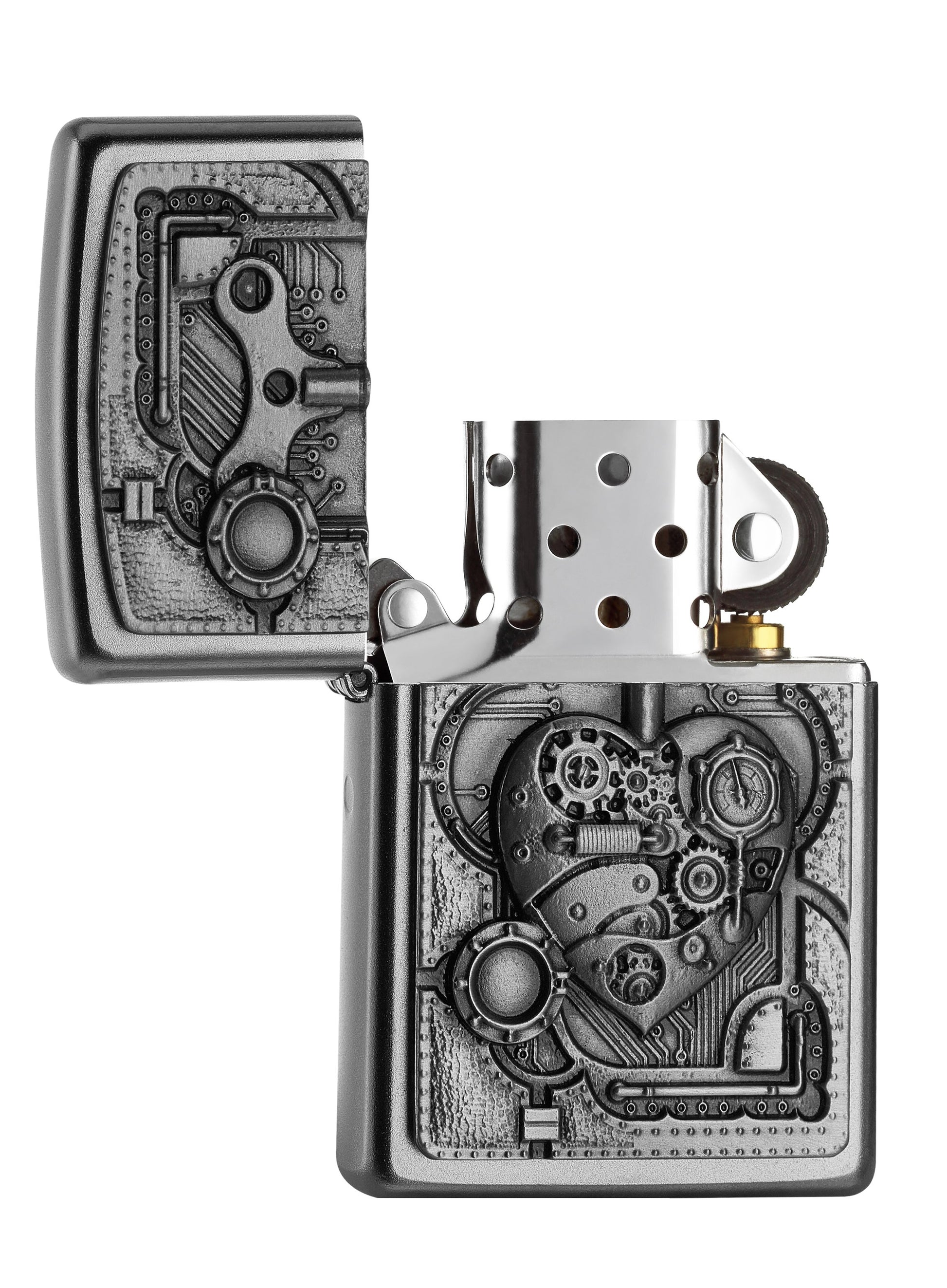 Zippo aansteker chroom hart van mechanische elementen embleem geopend