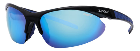 Vooraanzicht 3/4 hoek Zippo zonnebril Sportbril in zwart met halve rand, blauwe glazen