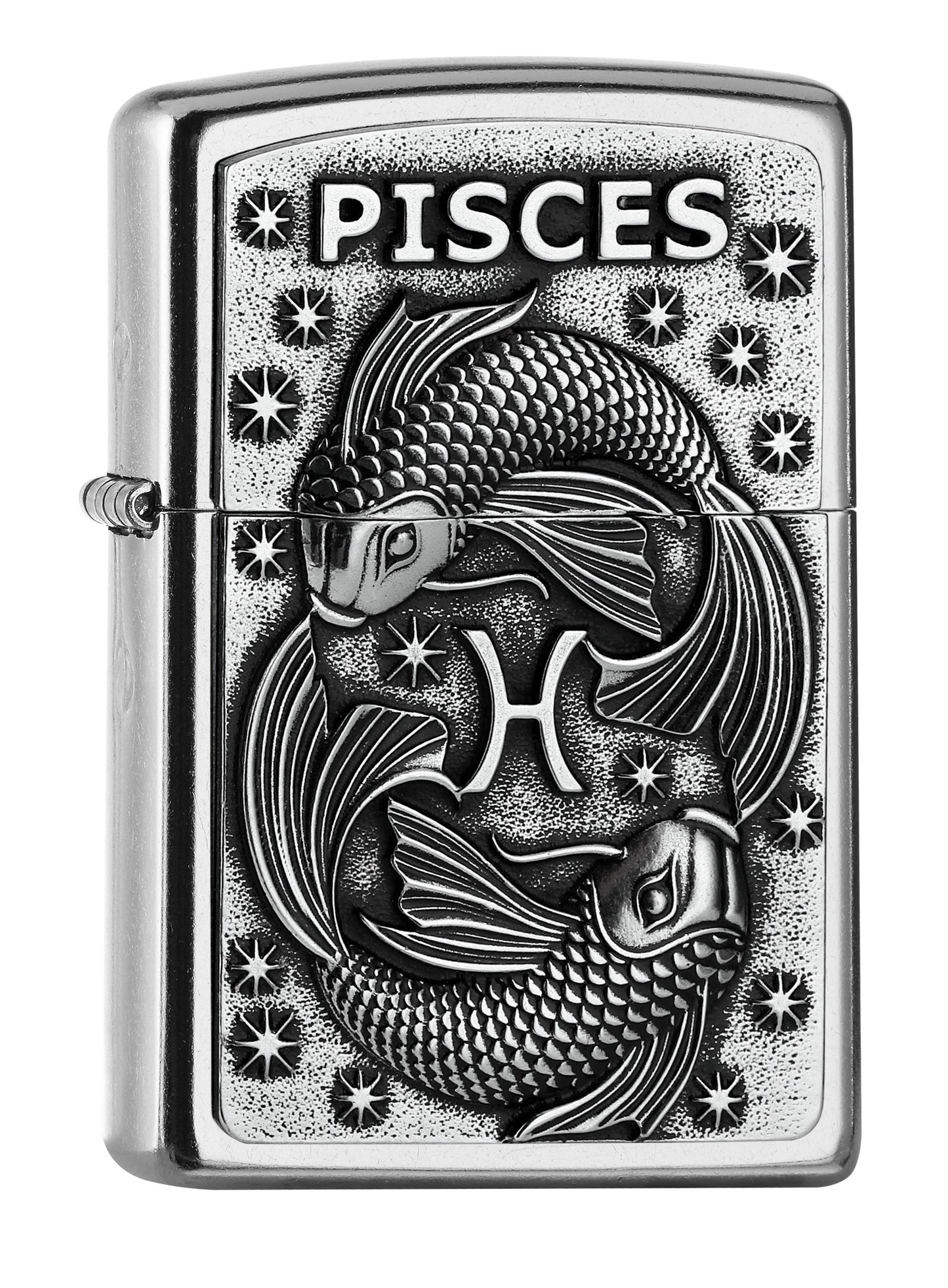 Vooraanzicht 3/4 hoek Zippo aansteker Street Chroom embleem met Vissen sterrenbeeld en Pisces-inscriptie