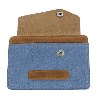 Achteraanzicht Zippo Credit Card Houder Blue Jeans en Leer Open met Drukknop