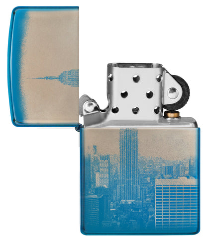 Zippo Aansteker 360 graden gepolijst blauw met New York Skyline Empire State Building Alleen online geopend zonder vlam