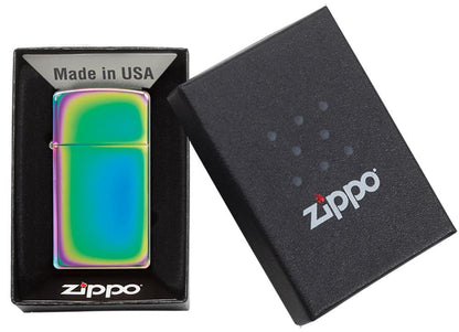 Vooraanzicht Zippo aansteker Slim Veelkleurig in open geschenkdoos