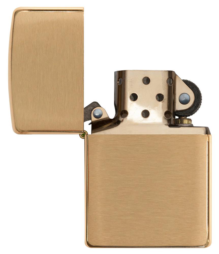 Vooraanzicht Zippo aansteker Brass Brushed basismodel geopend