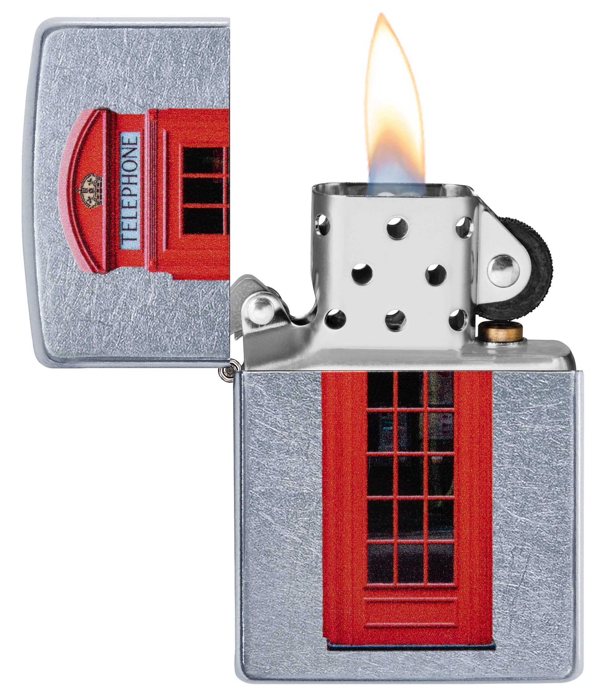 Zippo Aansteker Rode Telefooncel van Londen Online Only Open met Vlam