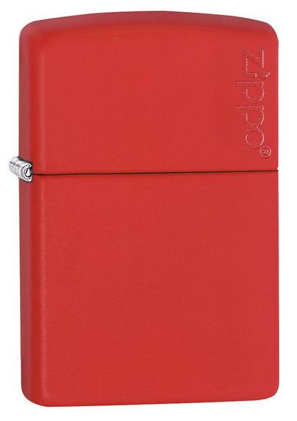 Vooraanzicht 3/4 hoek Zippo aansteker Red Matte met Zippo-logo
