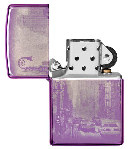 Zippo Aansteker Paars 360 Graden New York City met wolkenkrabbers en Amerikaanse Yellow Cabs Geopend zonder Vlam