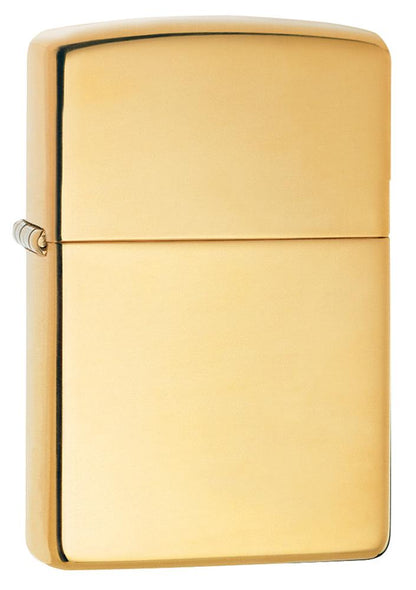 Vooraanzicht 3/4 hoek Zippo aansteker High Polished Brass basismodel