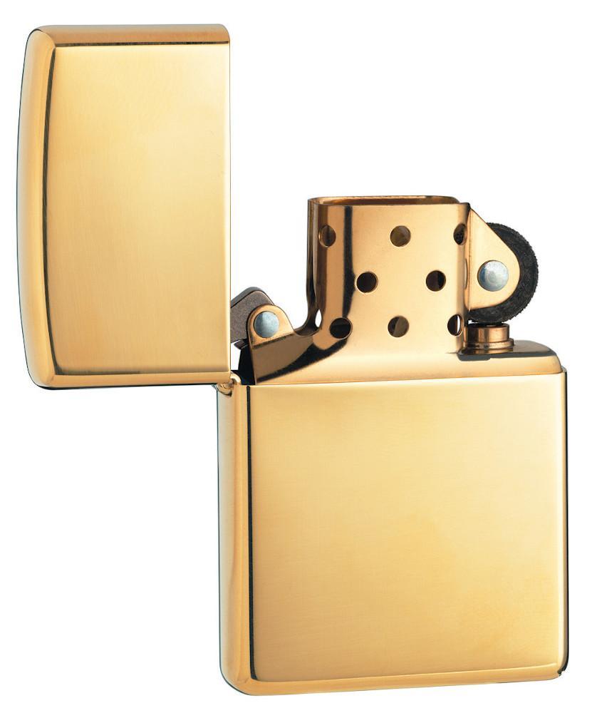 Vooraanzicht Zippo aansteker High Polished Brass basismodel geopend 