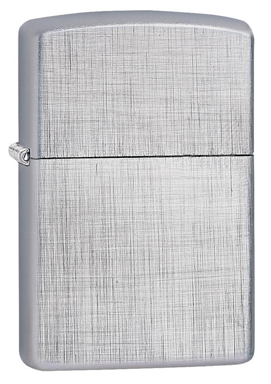 Vooraanzicht 3/4 hoek Zippo aansteker chroom geborsteld Linen Weave basismodel