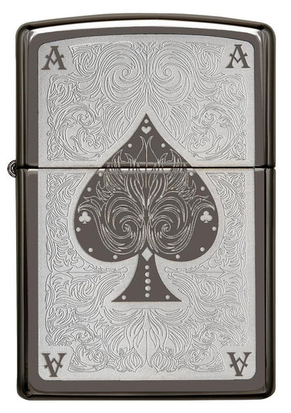 Vooraanzicht Zippo Aansteker Black Ice met schoppenaas lasergravure