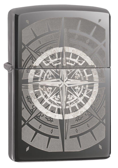 Vooraanzicht 3/4 hoek Zippo aansteker Black Ice met kompas
