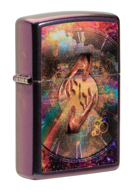 Vooraanzicht 3/4 hoek Zippo Aansteker Purper Groen Mat Spirituele Reis Tijdreizen Alleen online