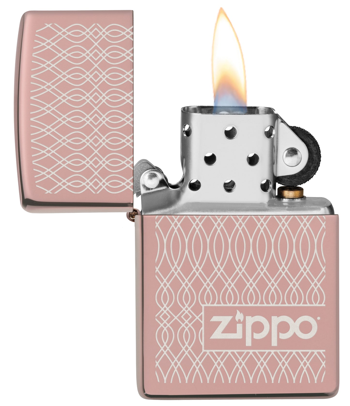 Zippo Aansteker Hoogglans Gepolijst Roségoud Geometrisch Patroon Golven Logo Alleen Online Openen met Vlam