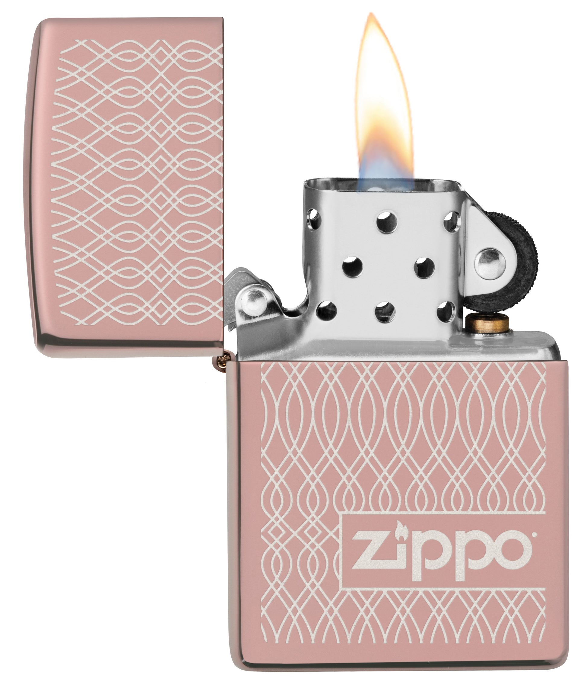 Zippo Aansteker Hoogglans Gepolijst Roségoud Geometrisch Patroon Golven Logo Alleen Online Openen met Vlam