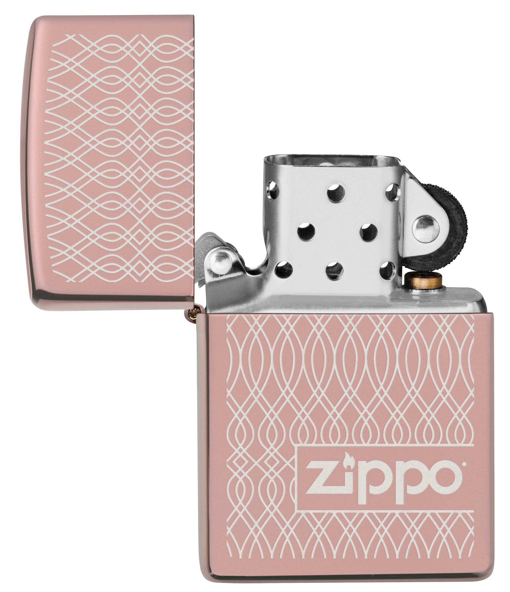 Zippo Aansteker Hoogglans Gepolijst Roségoud Geometrisch Patroon Golven Logo Uitsluitend Online Geopend Zonder Vlam