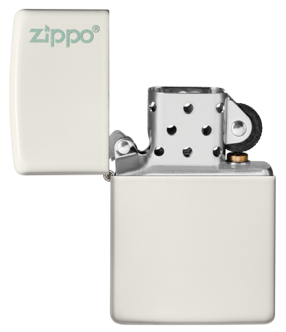 Vue de face du briquet tempête Zippo Glow In Dark Zippo Logo éteint, sans flamme