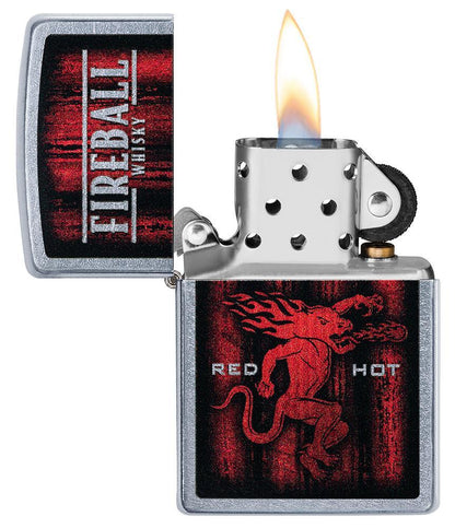  Zippo-aansteker chroom Fireball Whisky open met vlam