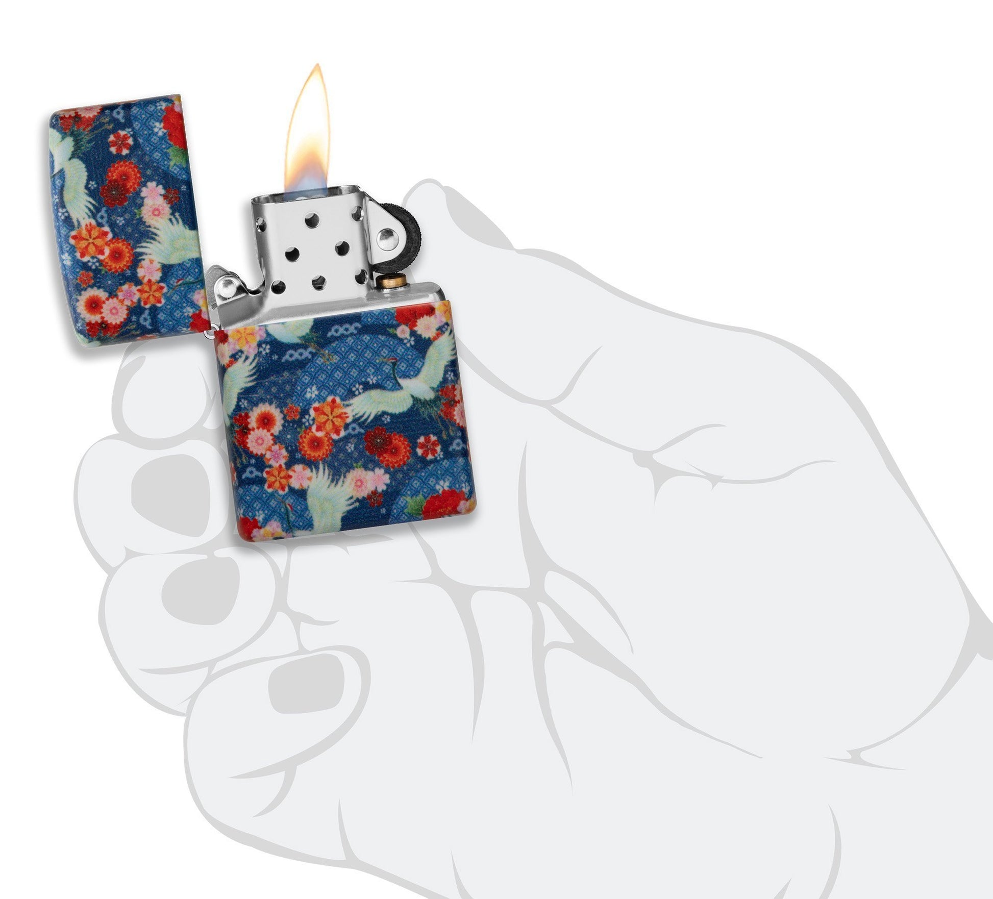 Zippo Aansteker Kimono 540 Graden Ontwerp met Witte Grote Vogels en Rode Bloemen Geopend met Vlam in Gestileerde Hand