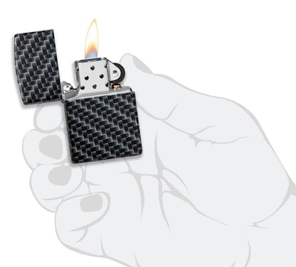 Vooraanzicht Zippo-aansteker 3/4 hoek White Matte met 540° Color Image en rechthoekige tegels als patroon open met vlam in handpalm