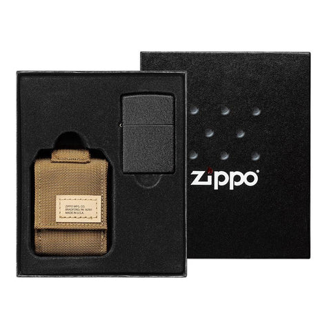 Vooraanzicht Geschenkset met Deksel Zippo-aansteker Black Crackle met beige aanstekertasje