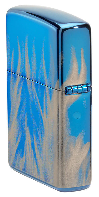 Zippo Feuerzeug Seitenansicht hinten Hochglanz Blau Fotodruck mit Harley Davidson Logo umgeben von lodernden Flammen