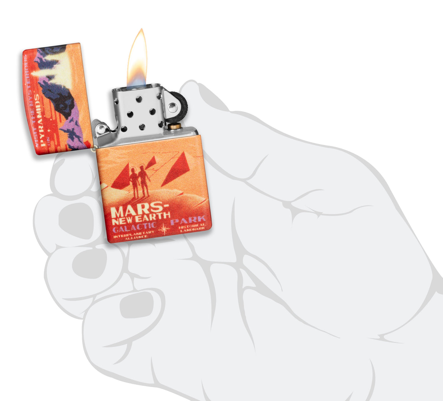 Zippo Aansteker 540 Graden Rood Mars Landschap met Twee Astronauten Alleen Online Openen met Vlam in Gestileerde Hand