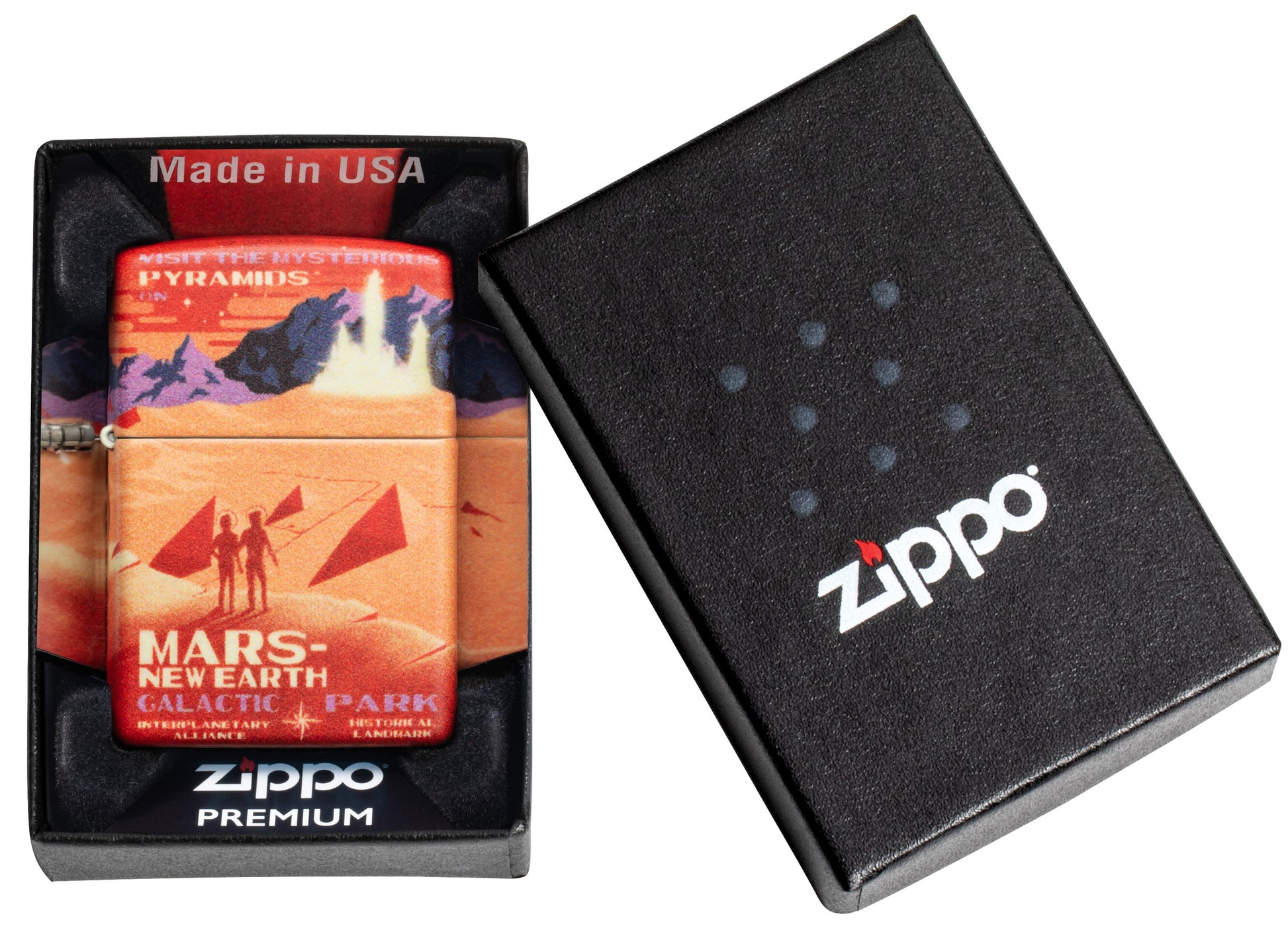 Zippo Aansteker 540 graden rood marslandschap met twee astronauten Alleen online in een open premium doos