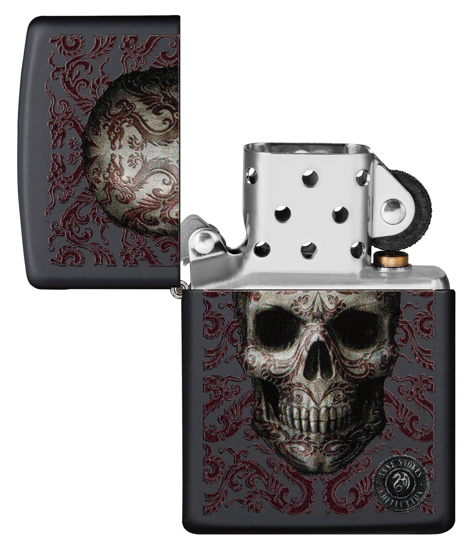  Zippo-aansteker schedel in het midden omringd door krullen open