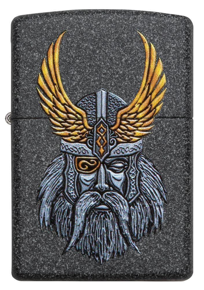 Vooraanzicht Zippo aansteker grijs met het hoofd van godenvader Odin