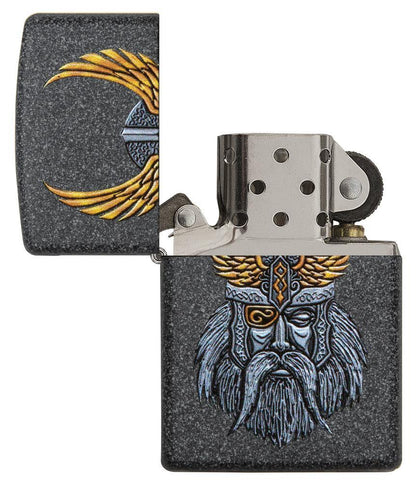 Zippo aansteker grijs met het hoofd van godenvader Odin geopend