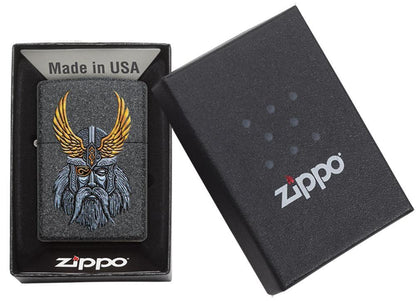 Zippo aansteker grijs met het hoofd van godenvader Odin in open geschenkdoos