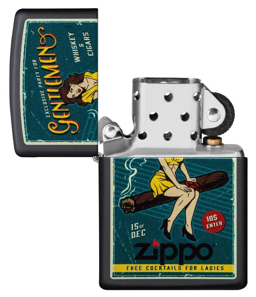 Zippo garantie retro reclame vrouw zittend op sigaar geopend