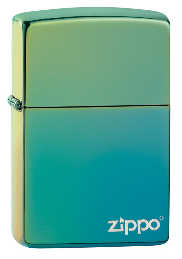 Vooraanzicht 3/4 hoek Zippo-aansteker hoogglans groen blauw met Zippo-logo