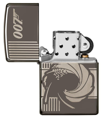 Vooraanzicht Zippo-aansteker grijs glanzend James Bond 007 open
