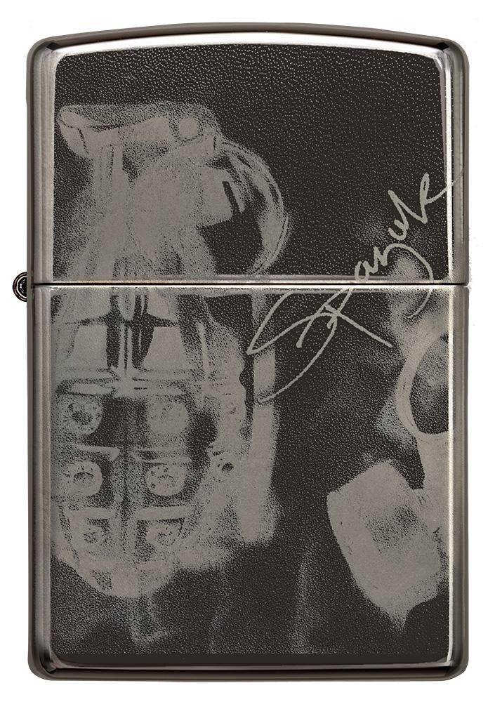 Vooraanzicht Zippo-aansteker High Polish Black met ontwerp van kunstenaar Spazuk en handtekening 