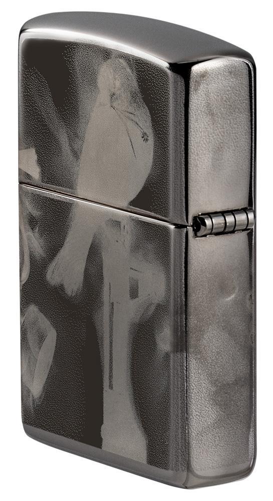 Achteraanzicht zijkant Zippo-aansteker High Polish Black met ontwerp van kunstenaar Spazuk