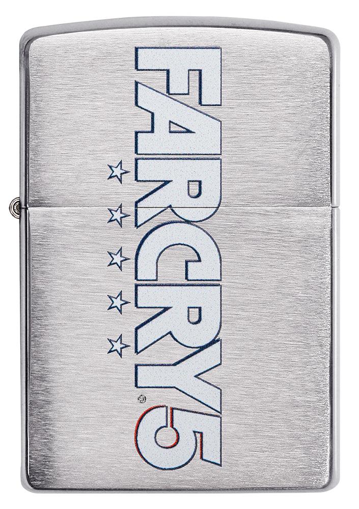 Vooraanzicht Zippo-aansteker geborsteld chroom met FarCry5-opdruk