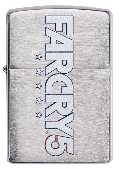 Vooraanzicht Zippo-aansteker geborsteld chroom met FarCry5-opdruk