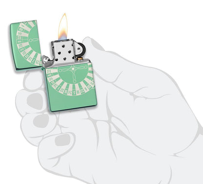 Zippo-aansteker High Polish Green met roulettetafel in handpalm
