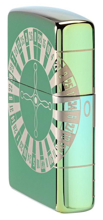 Zijaanzicht voorkant Zippo-aansteker High Polish Green met roulettetafel